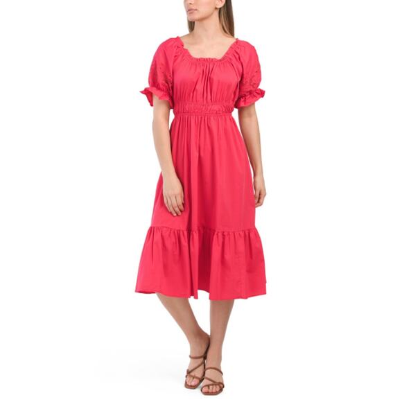 NWT Nanette Lepore Eyelet Puff Off the Shoulder Ruffle Hem Cotton Midi Dress - Picture 1 of 5